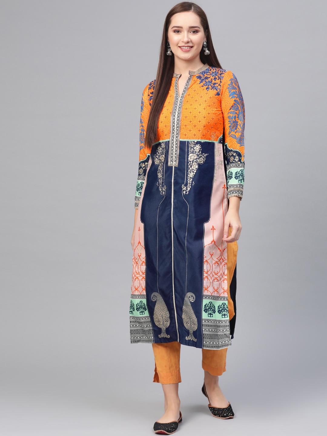 

WISHFUL by W Women Navy Blue & Orange Printed Straight Kurta