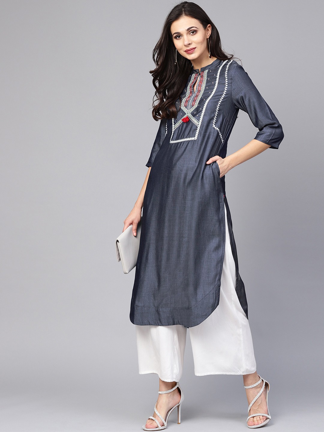 

W Women Blue Solid Straight Kurta