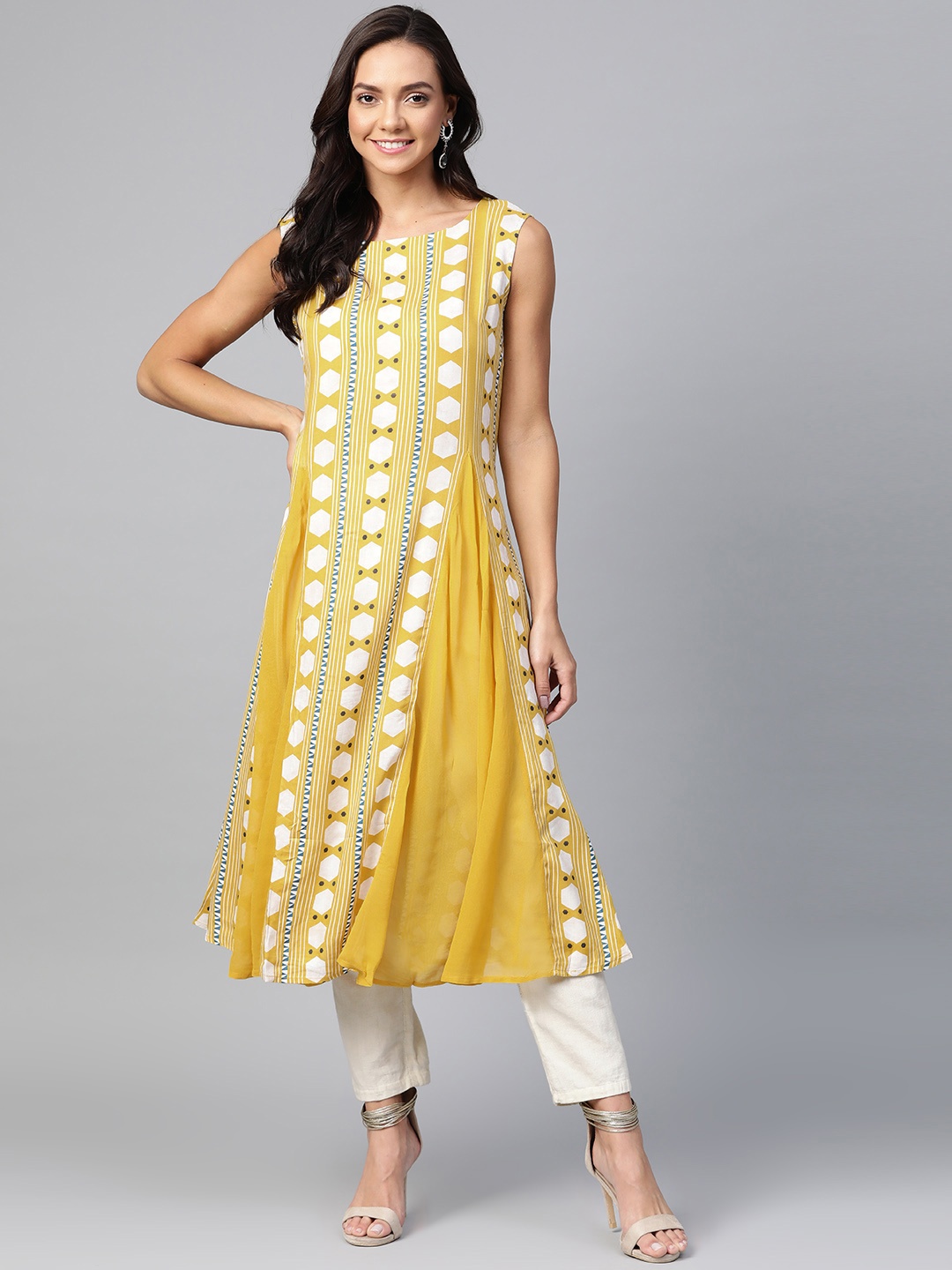 

W Women Mustard Yellow & White Printed A-Line Kurta