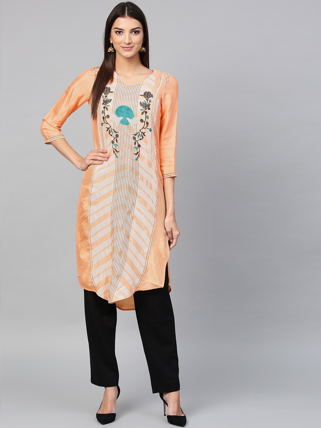 

W Women Peach-Coloured Floral Print Straight Kurta