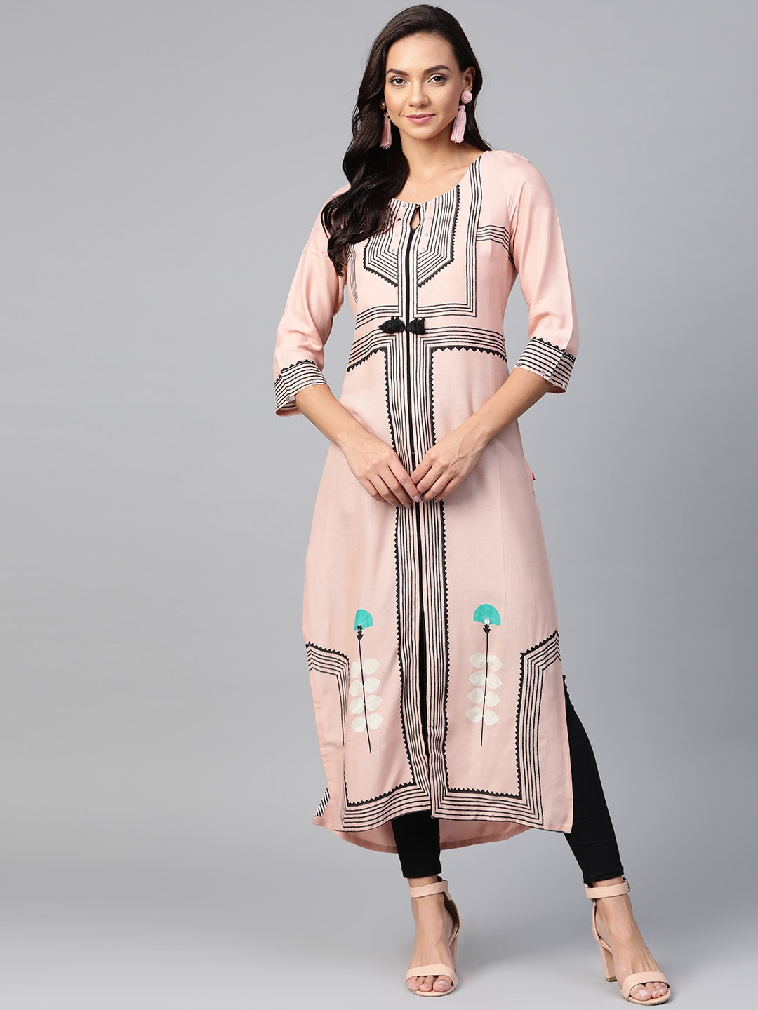 

W Women Dusty Pink & Black Printed Straight Sustainable Kurta