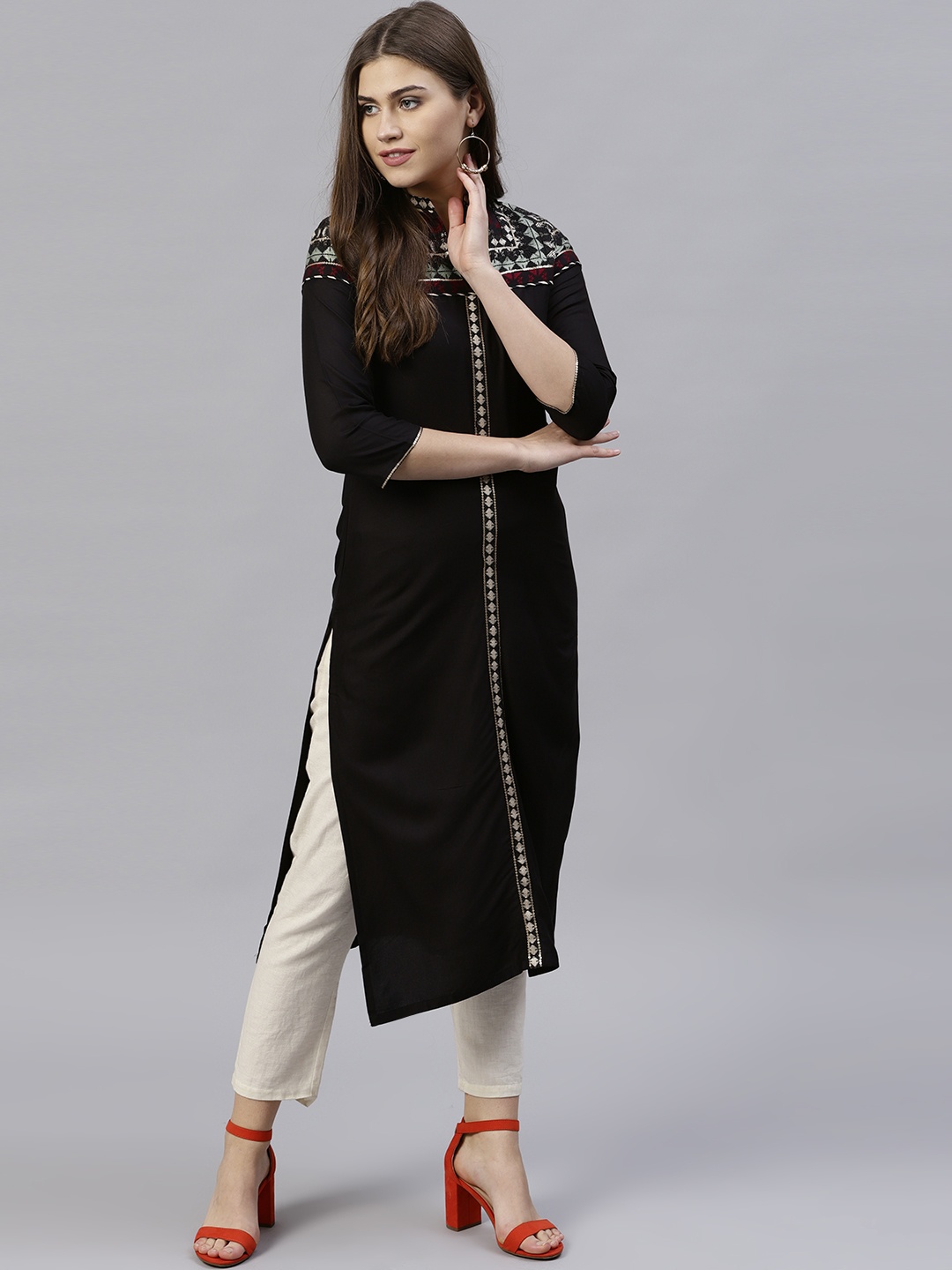 

W Women Black Yoke Design Straight Kurta