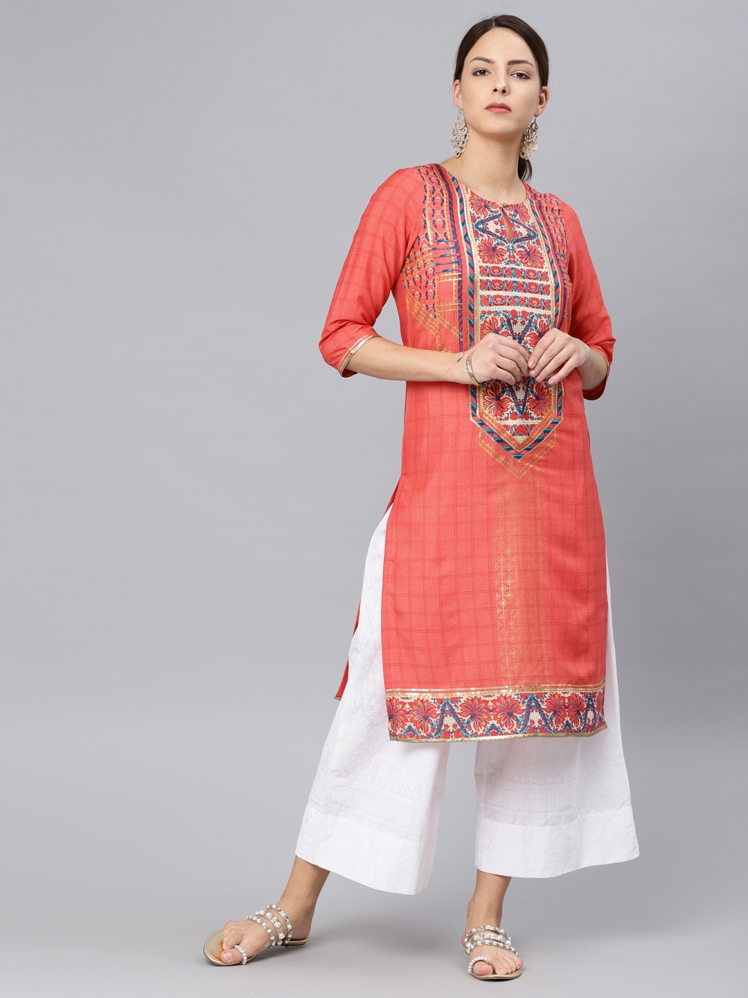 

W Off Pink Printed Straight Kurta