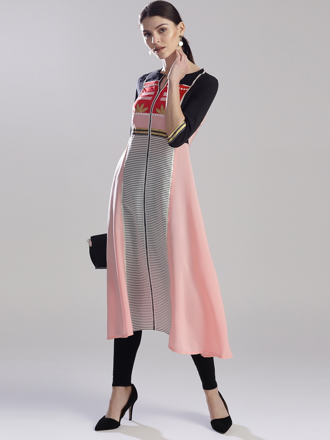 

W Women Pink & Black Printed A-Line Kurta