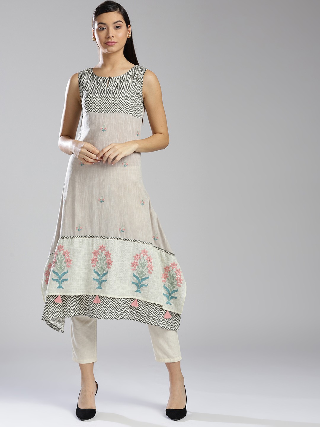 

W Women Grey & White Embroidered Asymmetrical Hem A-Line Kurta