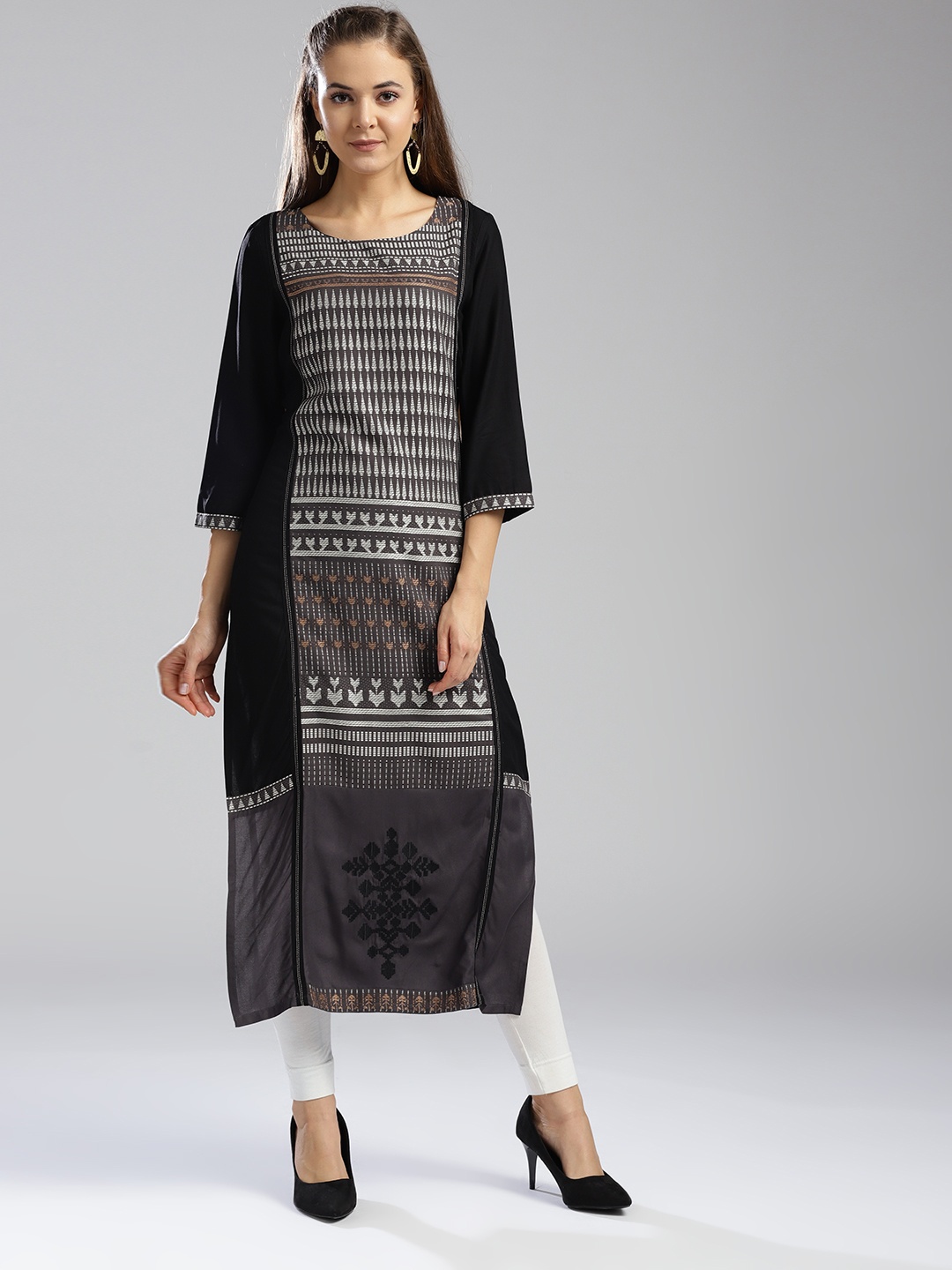 

W Women Black & Charcoal Grey Woven Design Straight Kurta