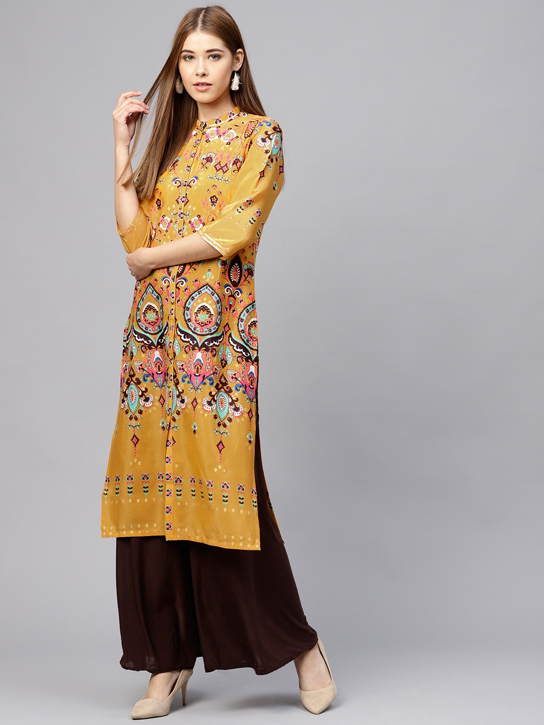 

W Women Mustard Yellow Printed Straight Kurta