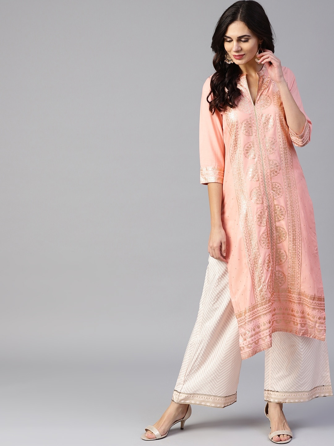 

W Women Pink & Golden Printed Straight Sustainable Kurta