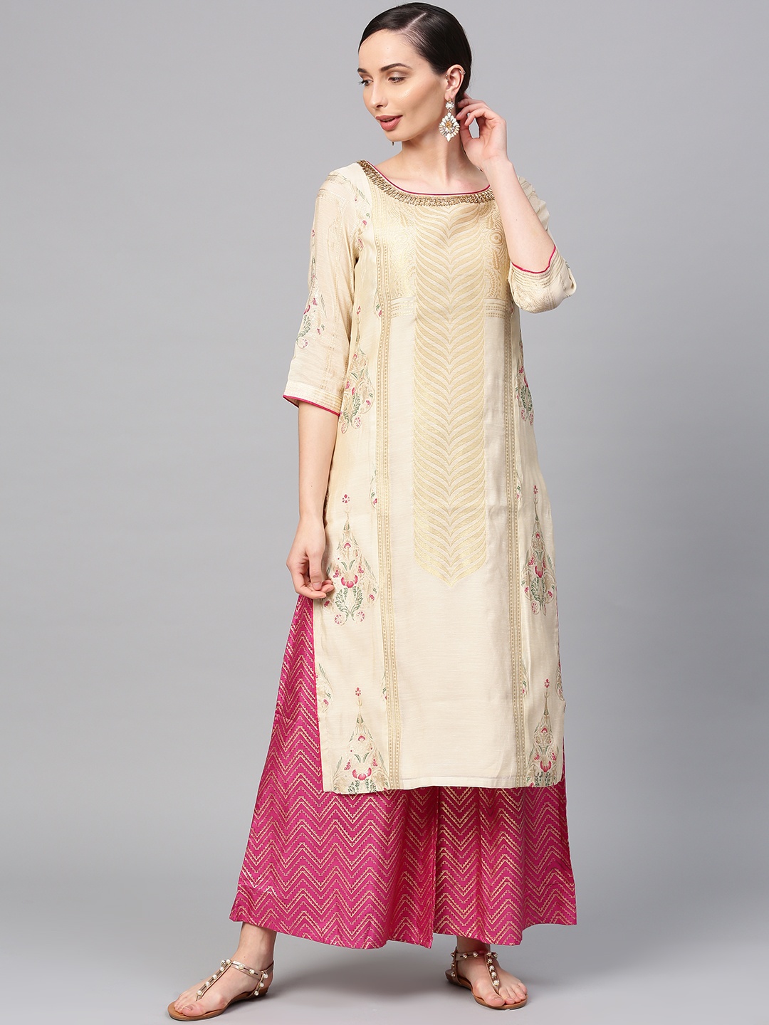 

WISHFUL by W Women Beige Woven Design Straight Kurta