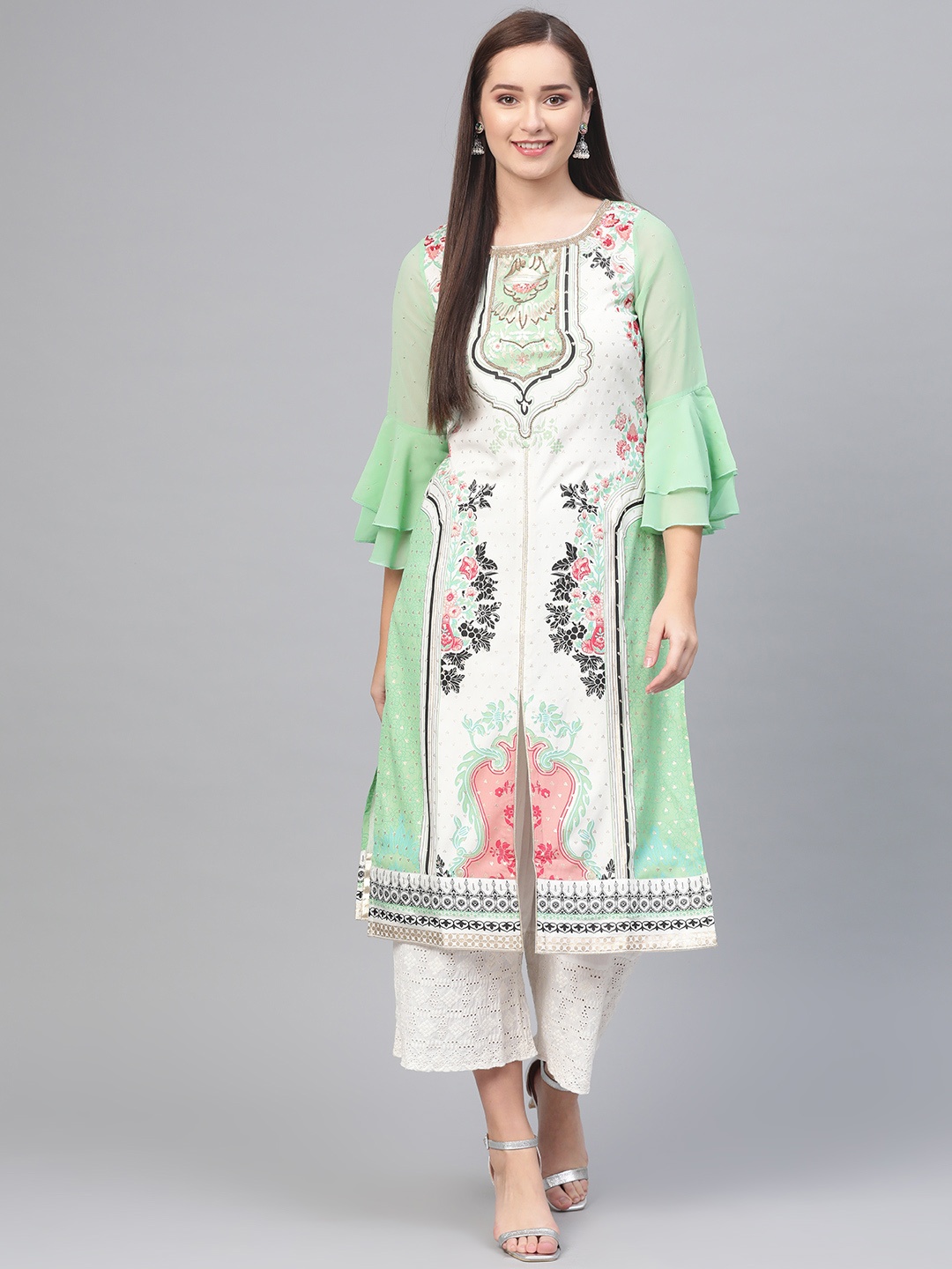 

Wishful by W Women White & Green Printed Straight Kurta