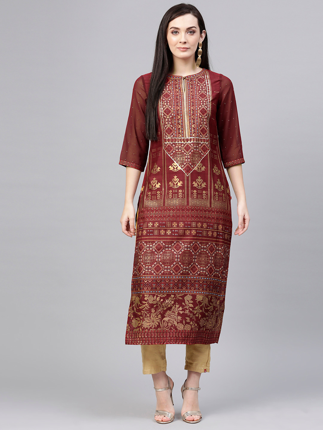

W Women Maroon & Golden Printed Straight Kurta