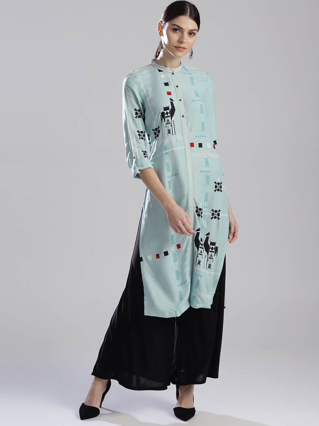 

W Women Blue Printed Straight Sustainable Kurta
