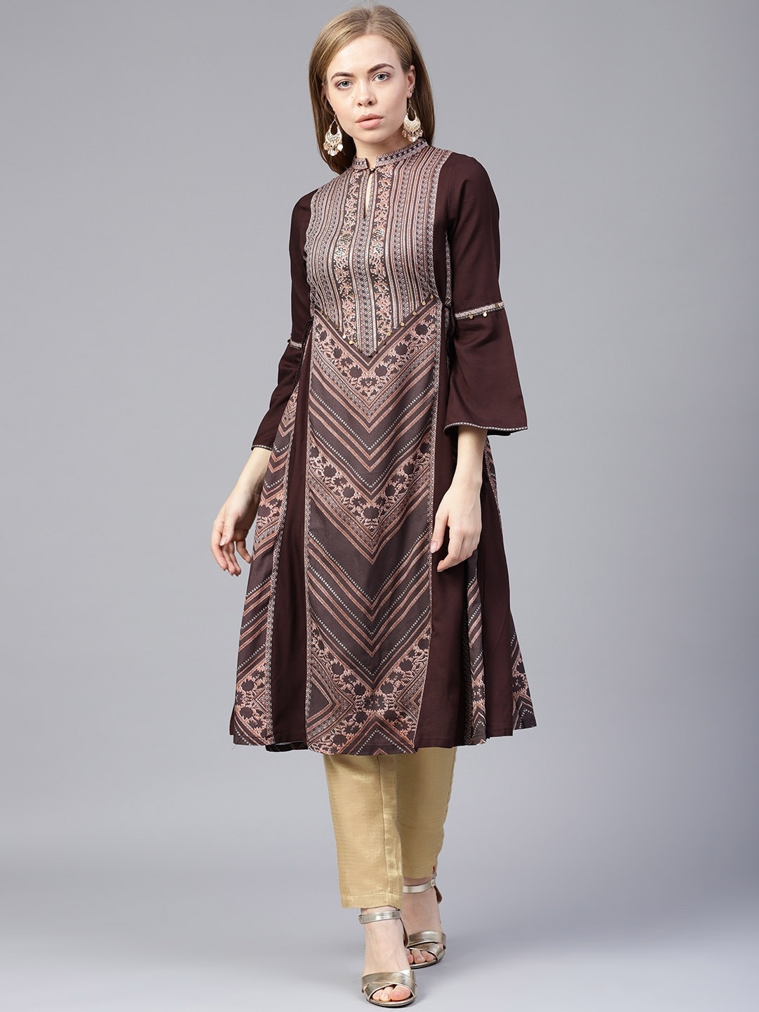 

W Women Coffee Brown & Beige Printed A-Line Sustainable Kurta