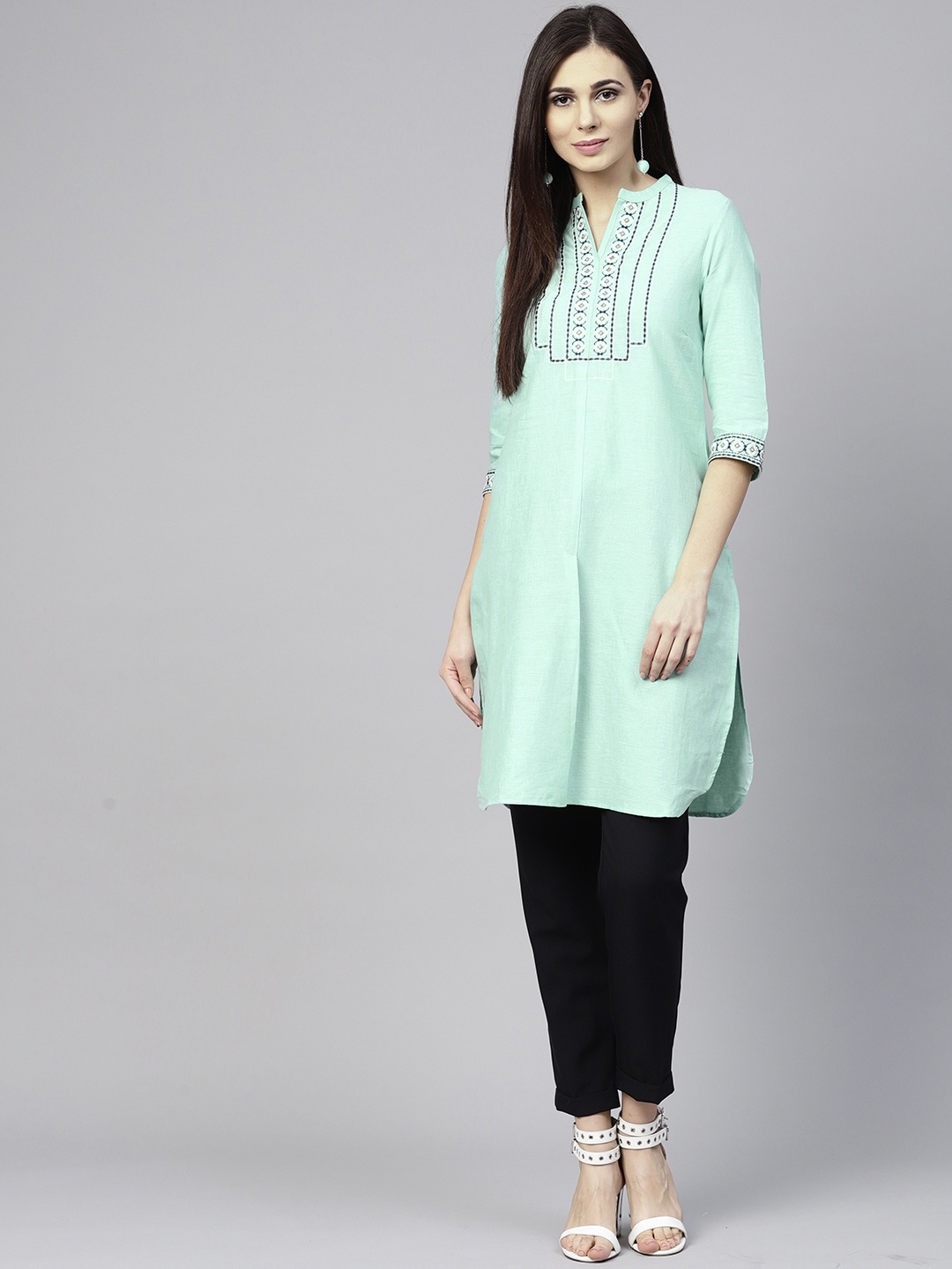 

W Women Blue Yoke Design Straight Kurta