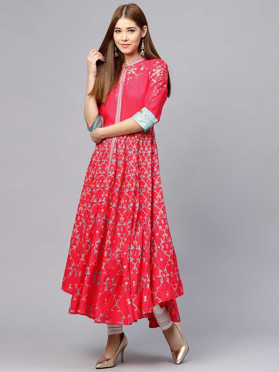 

W Women Pink & Blue Printed Anarkali Kurta
