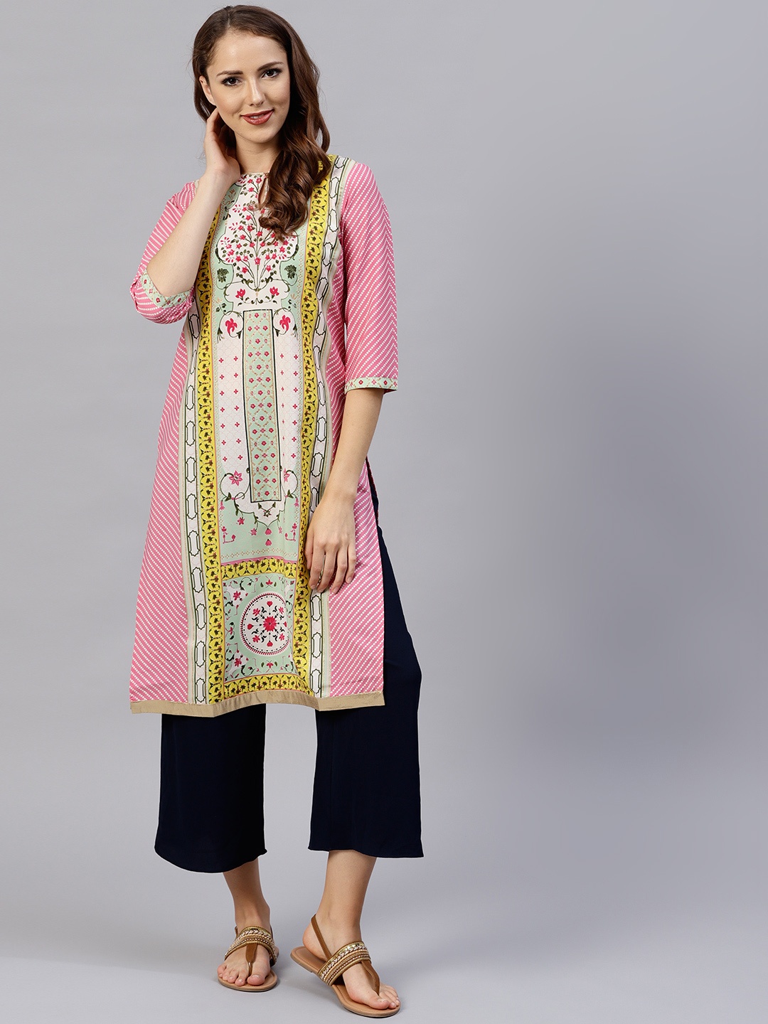

W Women White & Pink Printed Straight Kurta