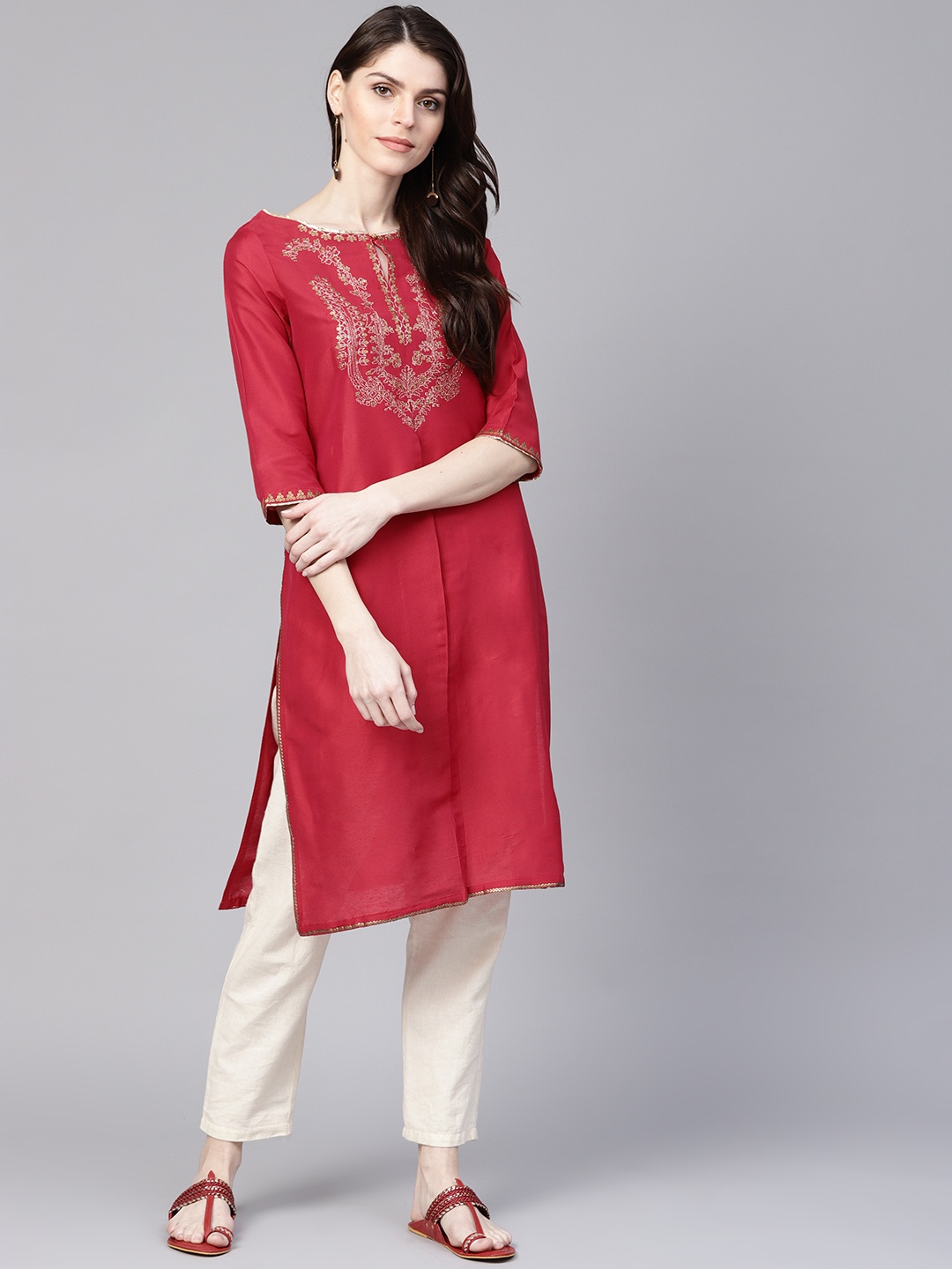 

W Women Magenta & Golden Yoke Design Straight Kurta
