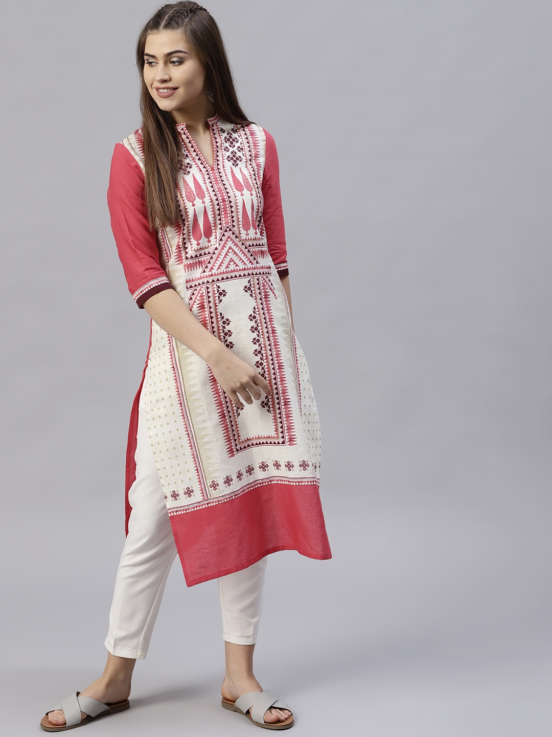 

W Women Coral Pink & Off-White Printed Straight Kurta