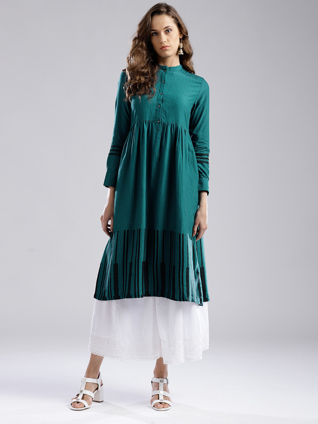 

W Women Teal Green Striped A-Line Kurta