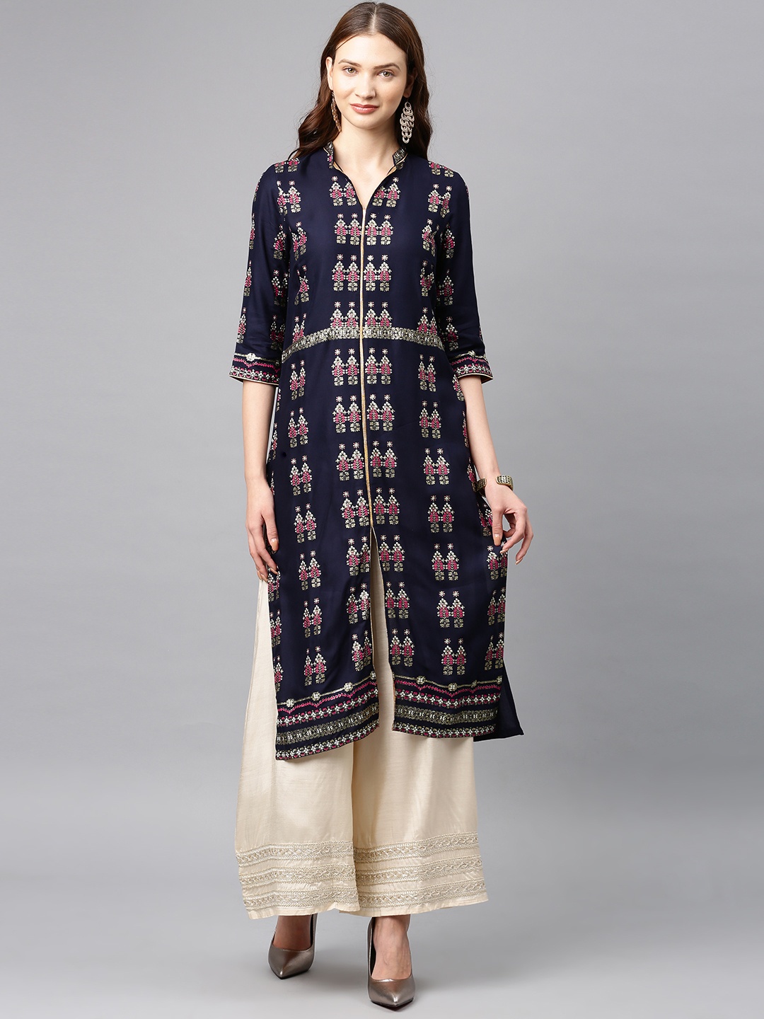 

W Women Navy Blue & White Printed Straight Kurta
