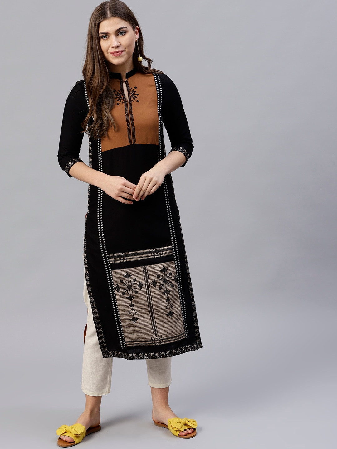 

W Women Black & Brown Woven Design Straight Sustainable Kurta
