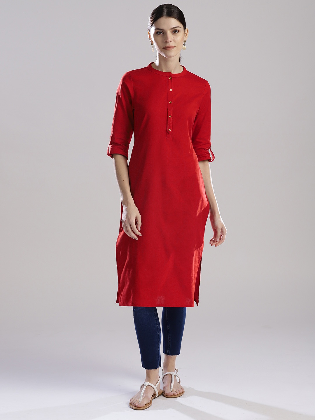 

W Women Red Solid Straight Kurta