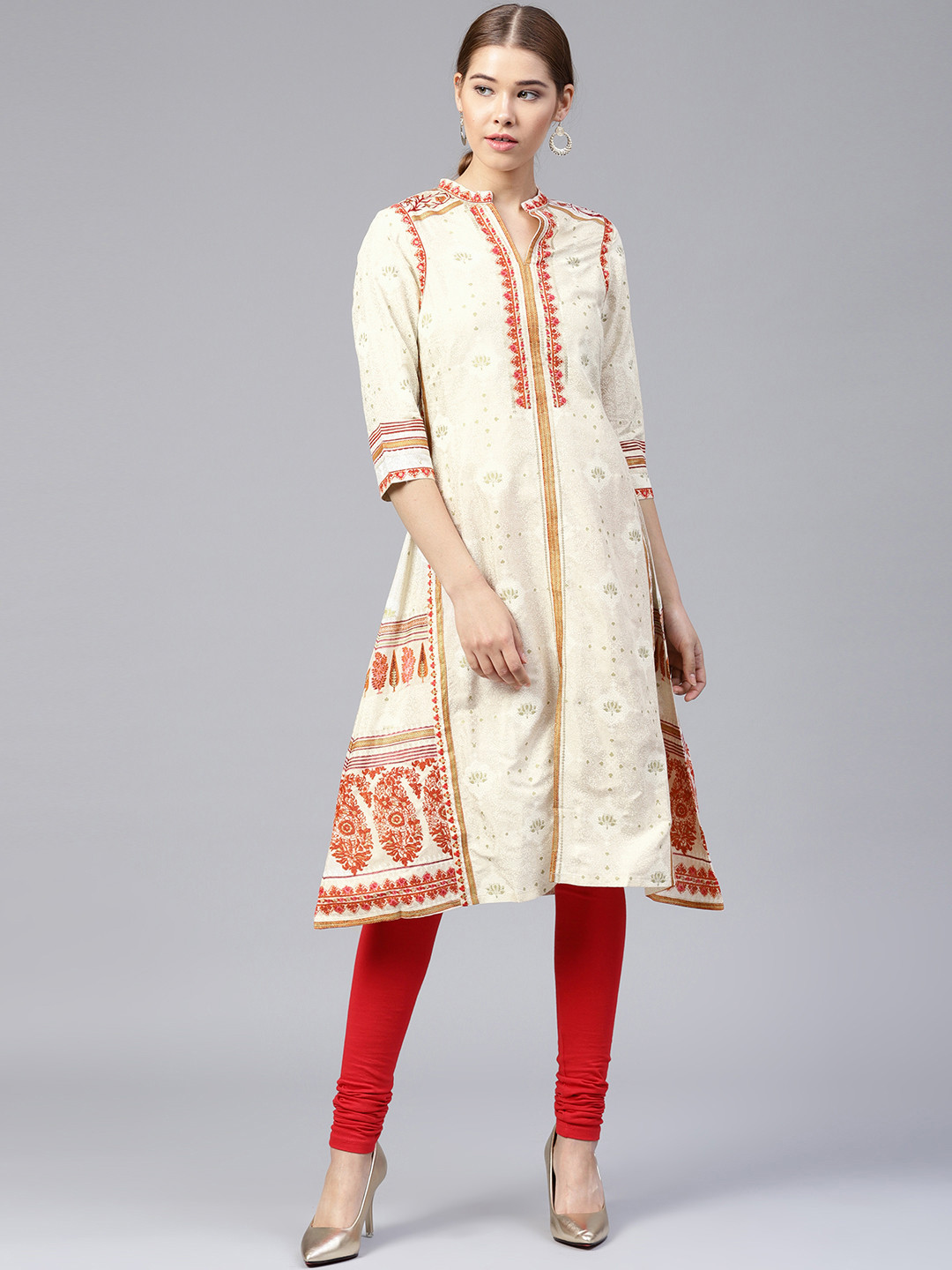 

W Women Beige & Red Printed A-Line Kurta