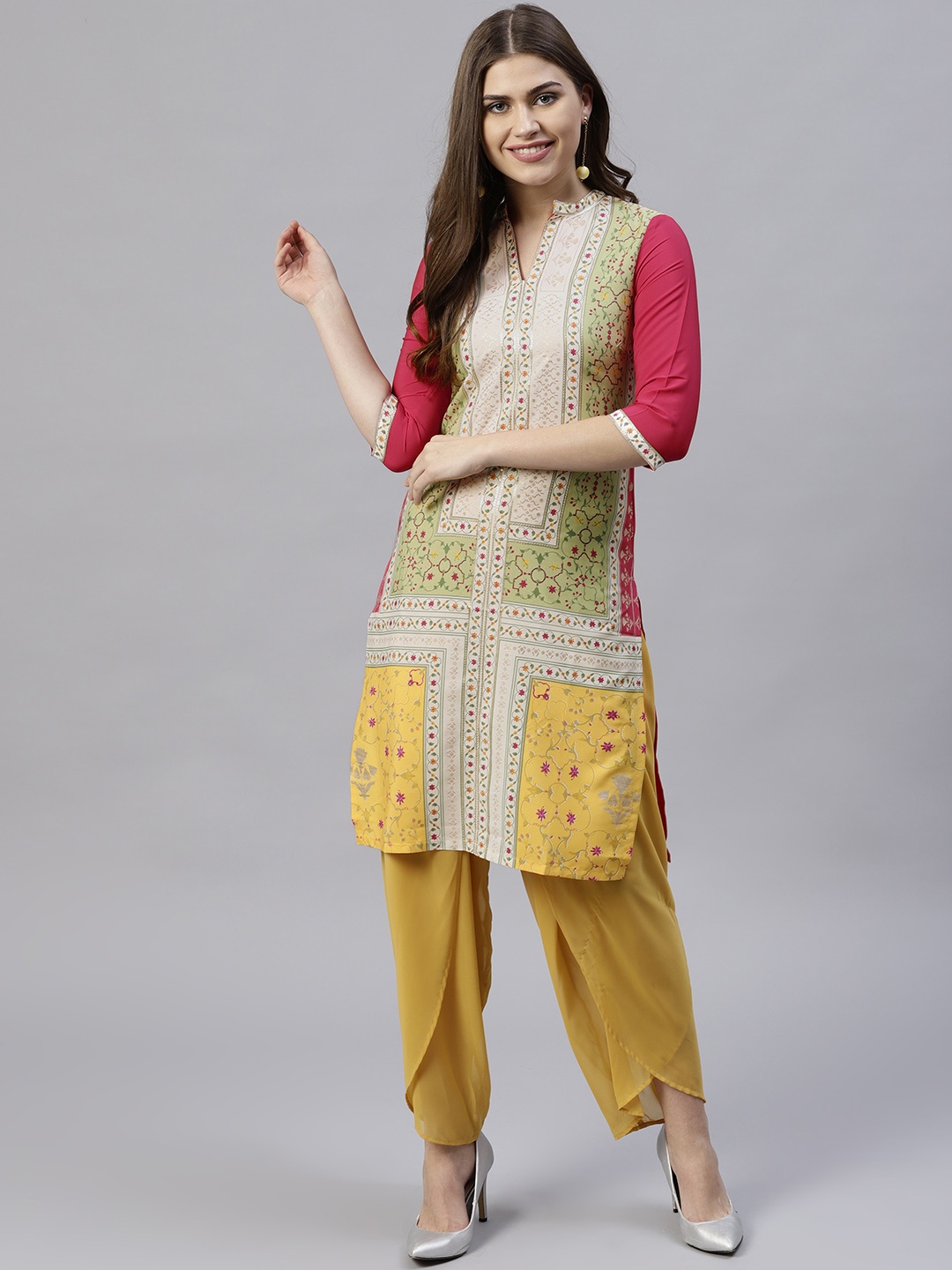 W Women Green & Pink Printed Straight Kurta