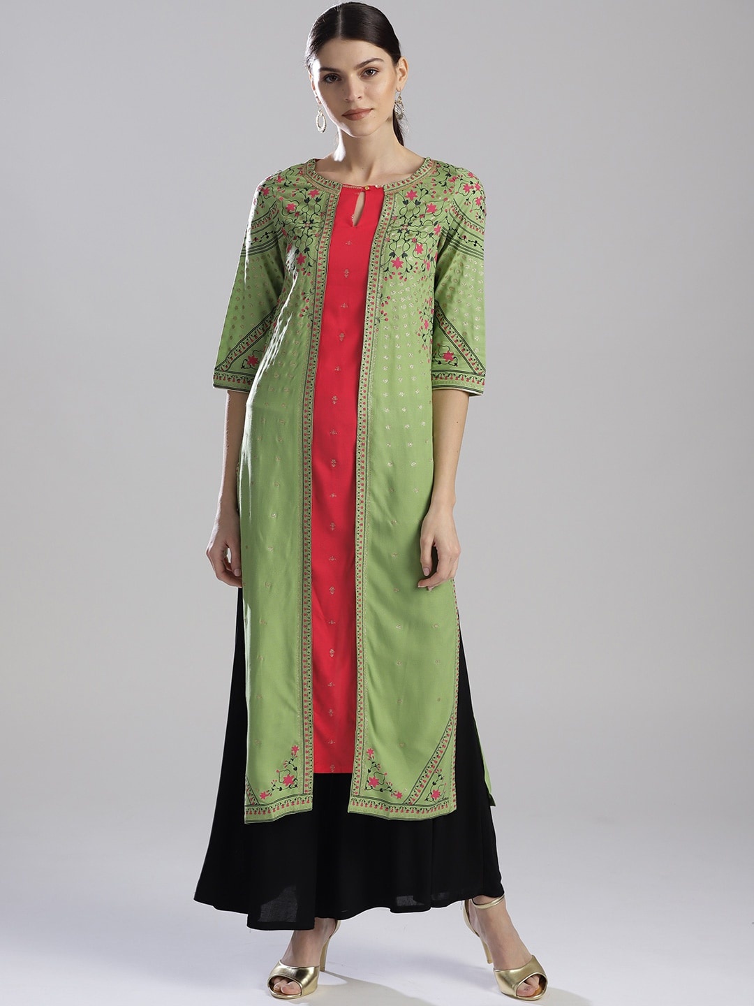 

W Women Green & Pink Printed Straight Sustainable Kurta