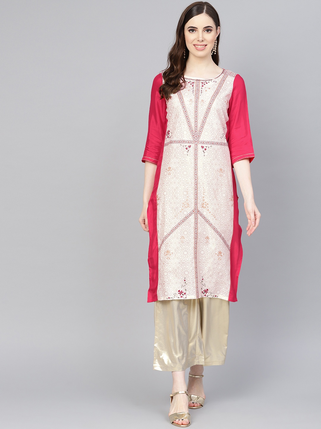 

W Women White & Pink Printed Straight Kurta