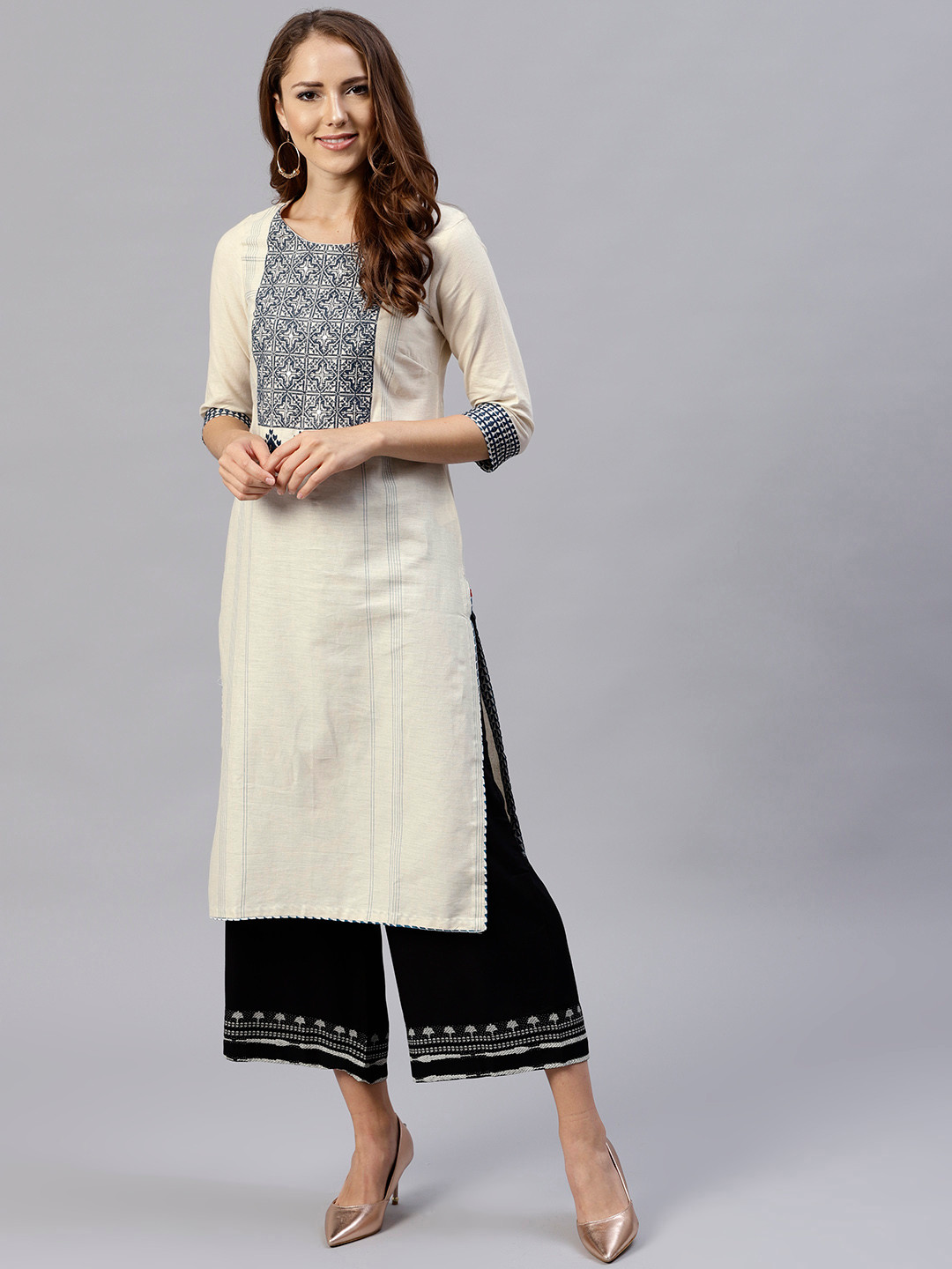 

W Women Off-White & Navy Blue Yoke Design Straight Kurta