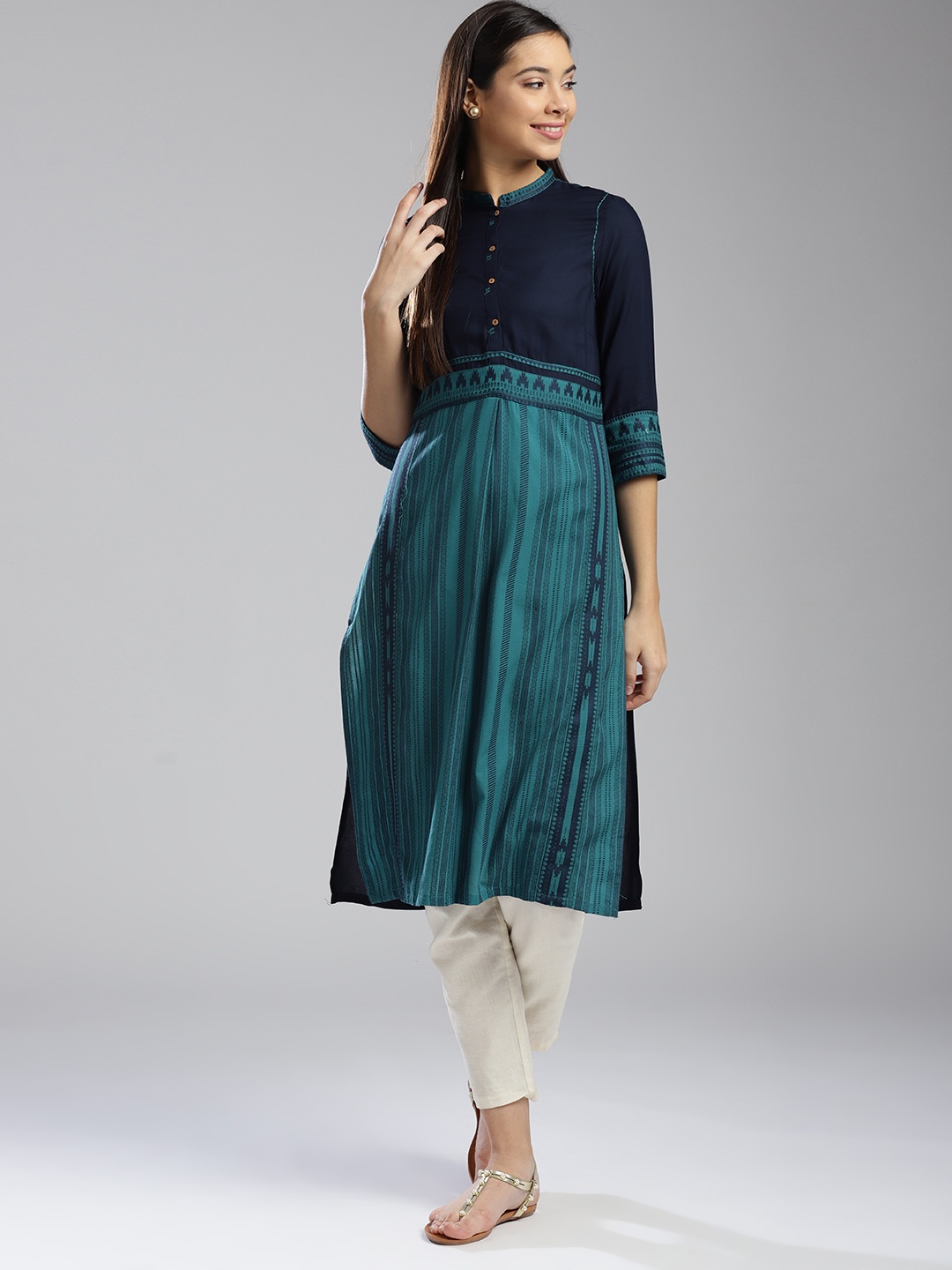 

W Women Teal Blue Woven Design Straight Kurta