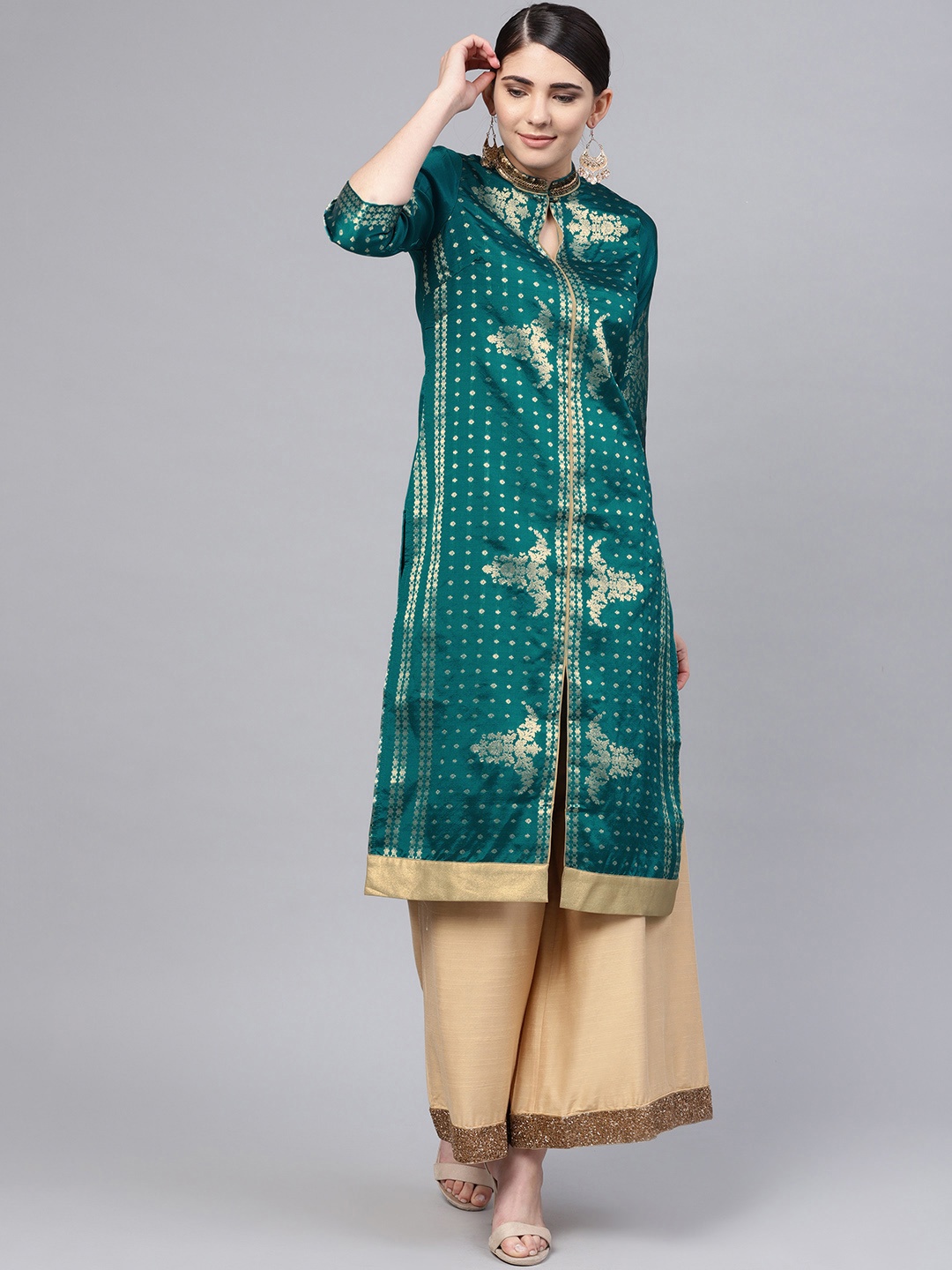 

WISHFUL by W Women Green & Golden Woven Design Straight Kurta