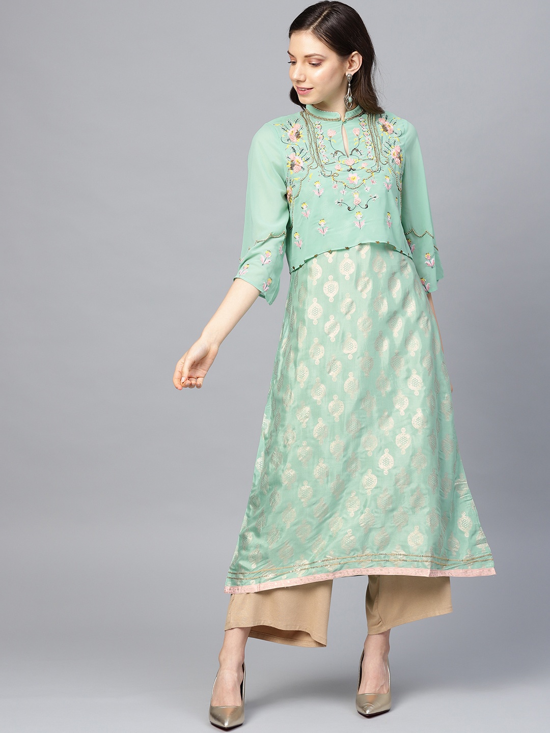 

WISHFUL by W Women Sea Green & Golden Printed Layered A-Line Kurta