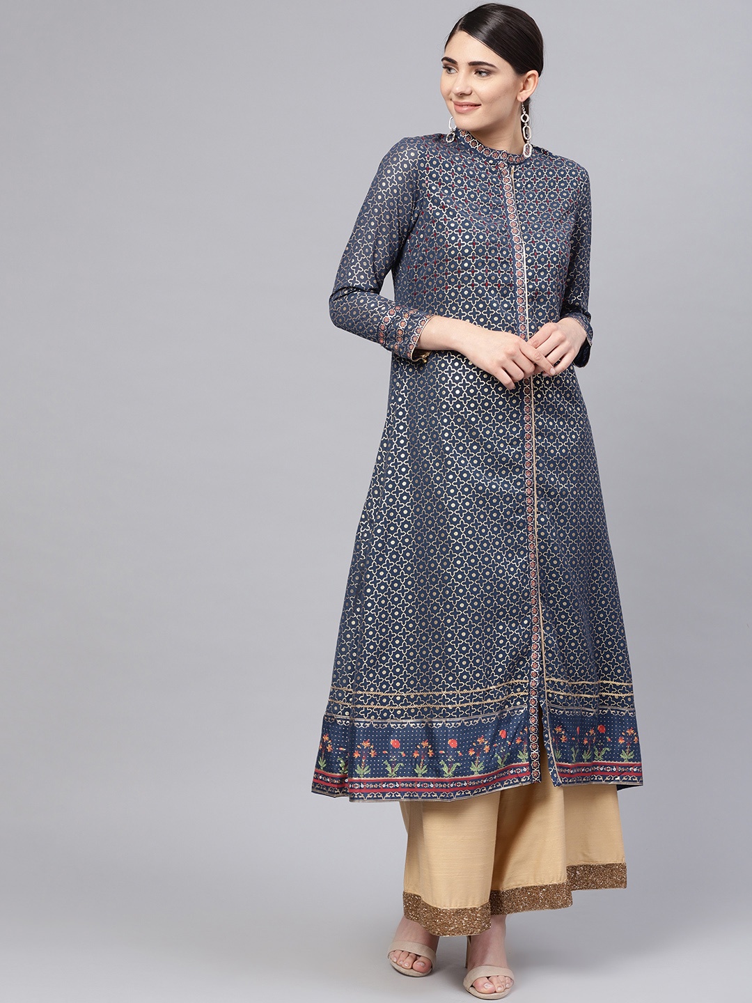 

WISHFUL by W Women Navy & Golden Printed A-Line Kurta, Navy blue