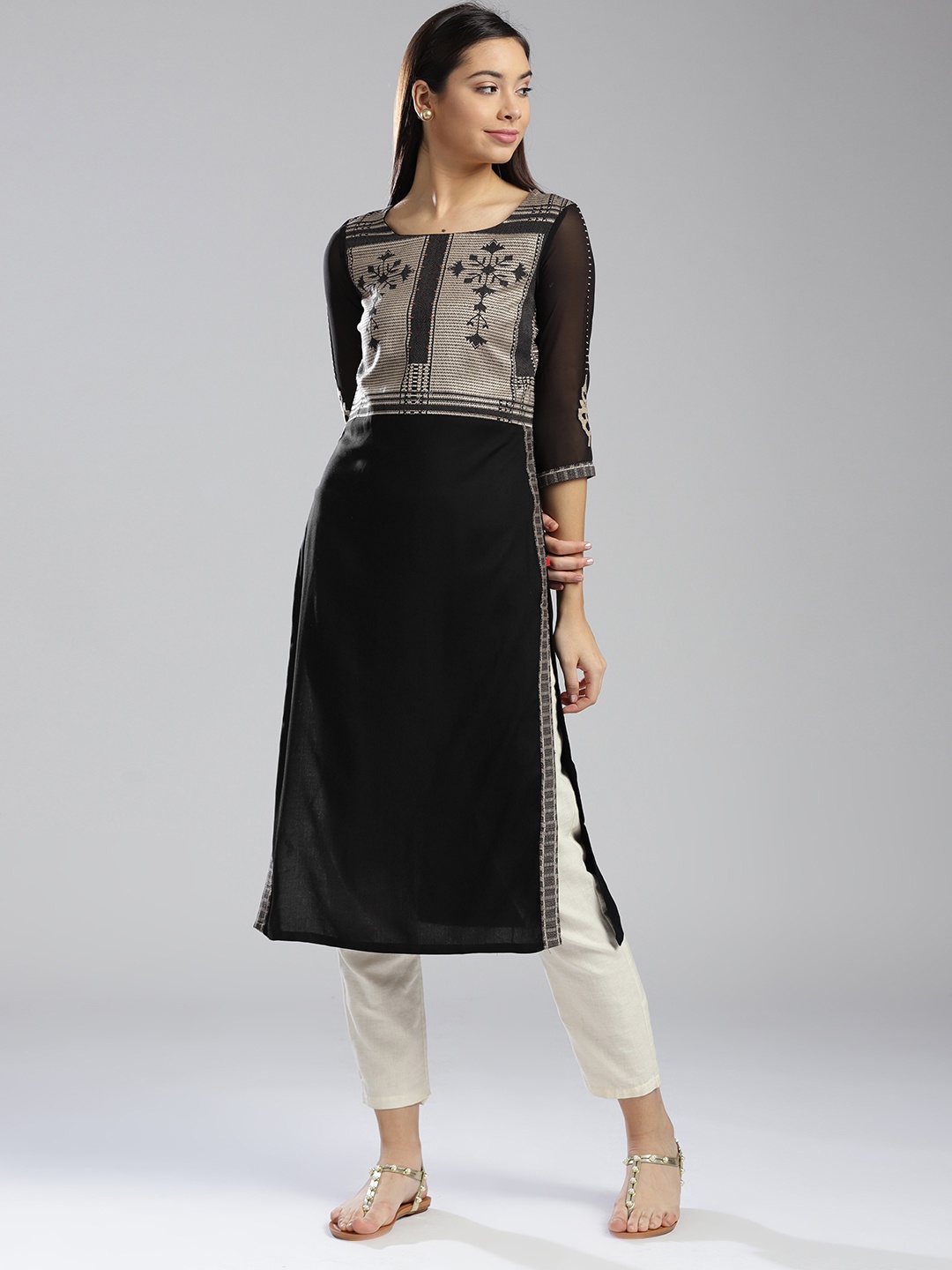 

W Women Black & Beige Yoke Design Straight Kurta