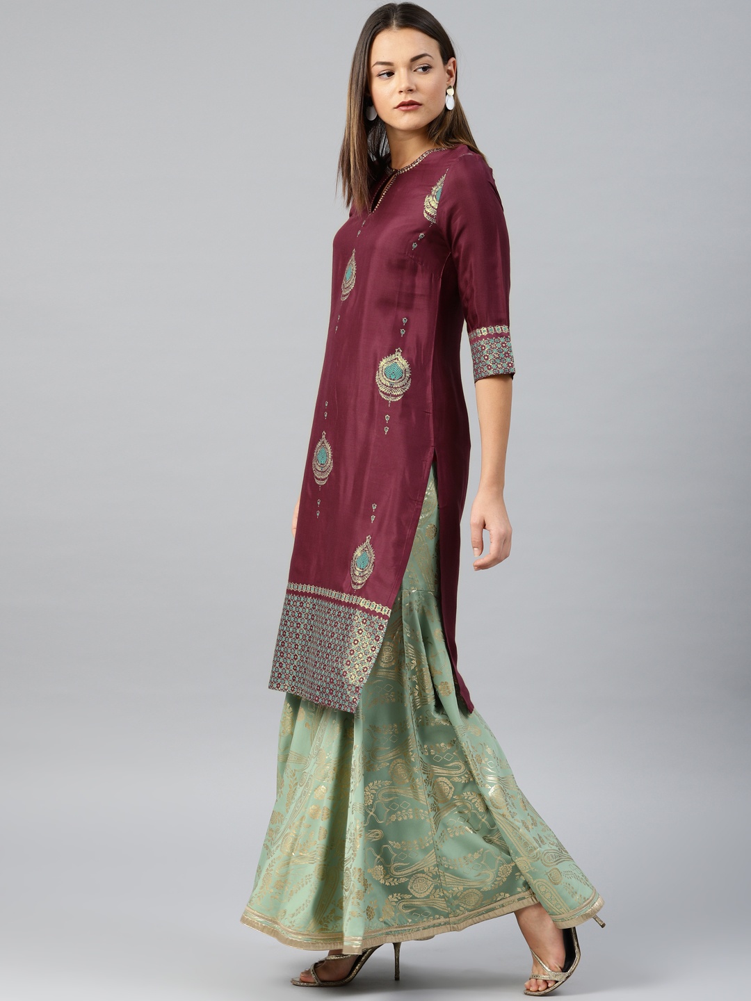 

W Women Burgundy Printed Straight Kurta