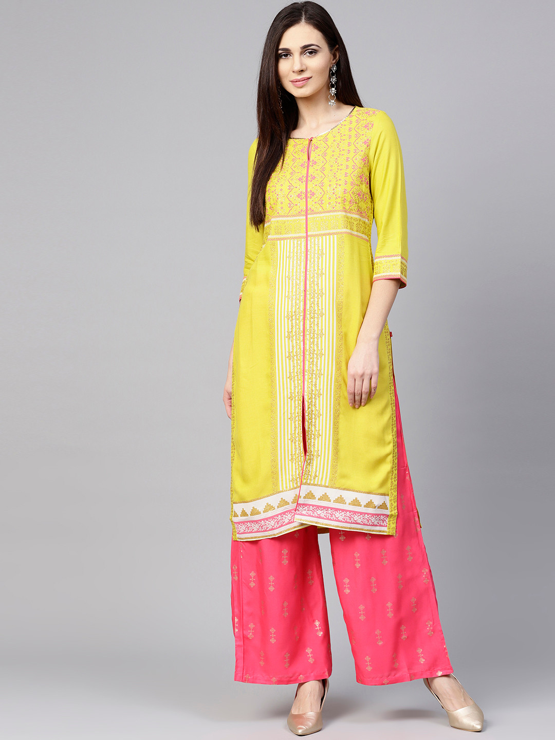 

W Women Lime Green & Pink Printed A-Line Kurta