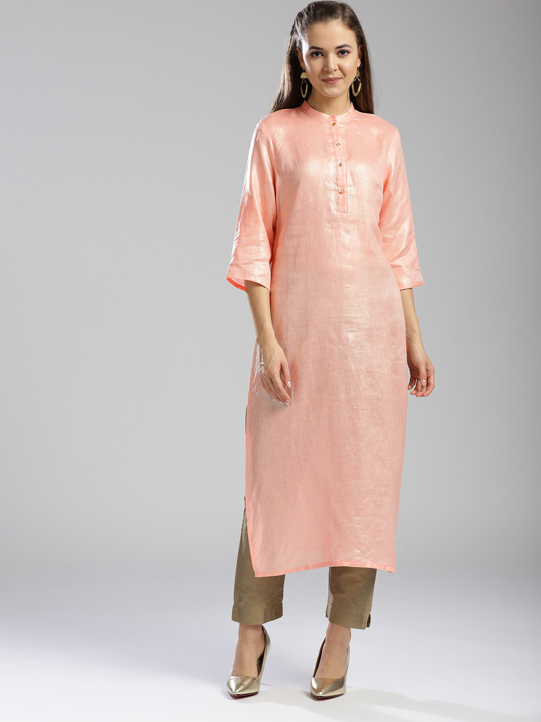 

W Women Peach-Coloured Solid Linen Straight Kurta