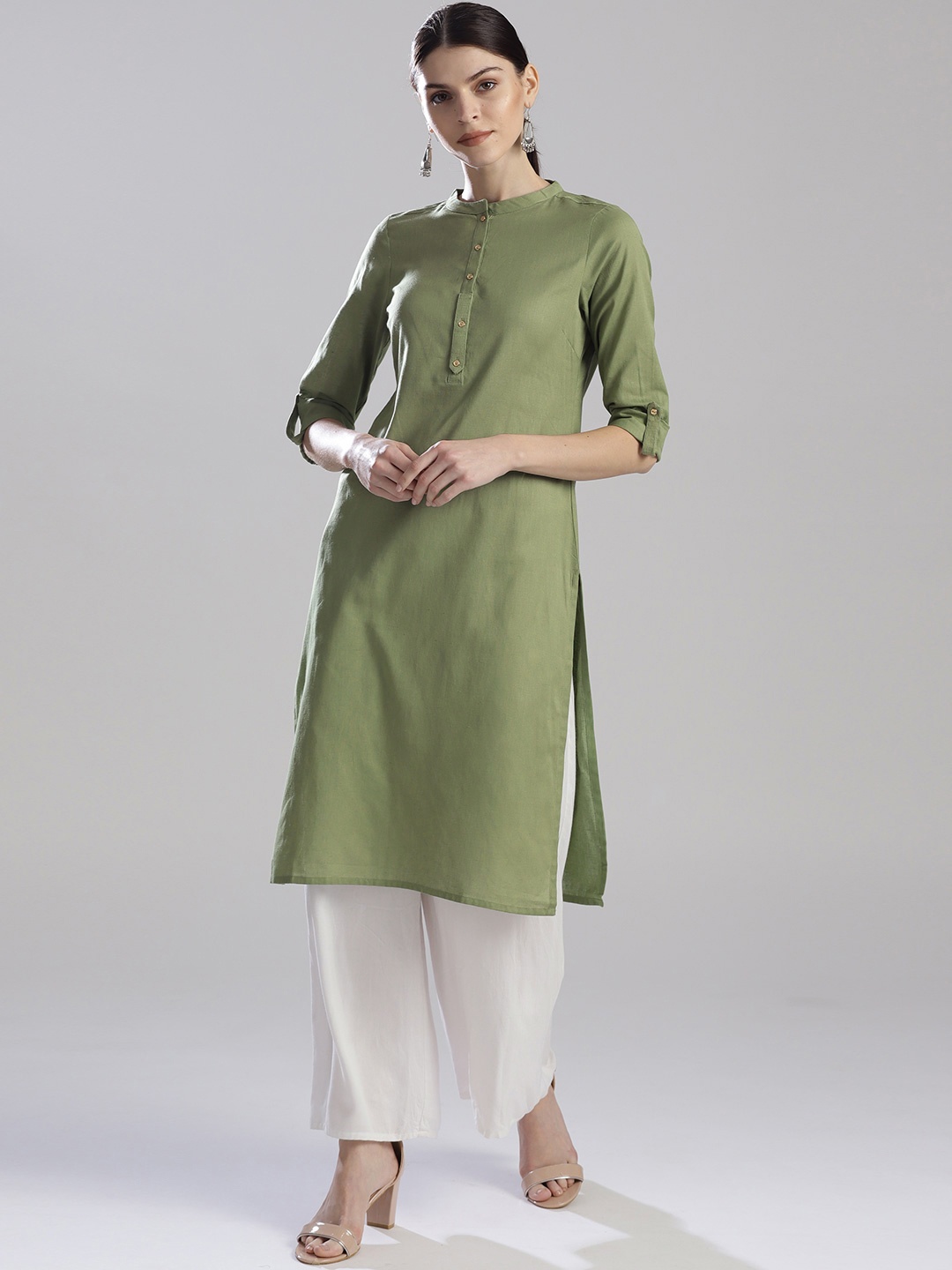 

W Women Green Solid Straight Kurta