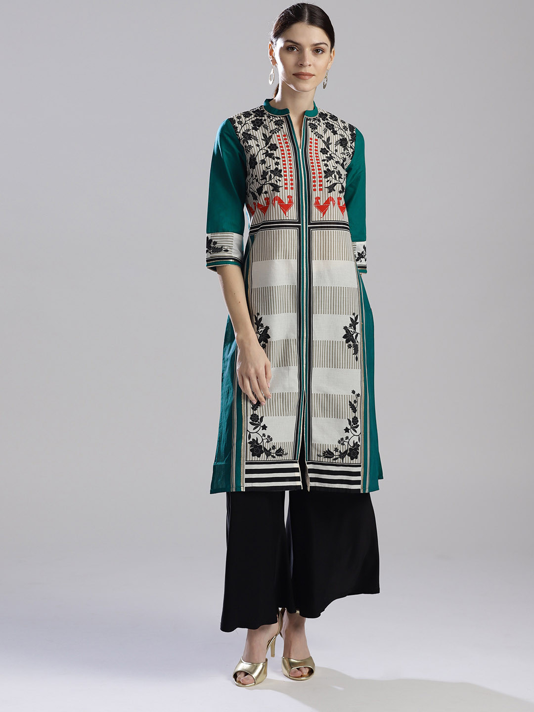 

W Women Teal Green & Off-White Floral Print Straight Kurta