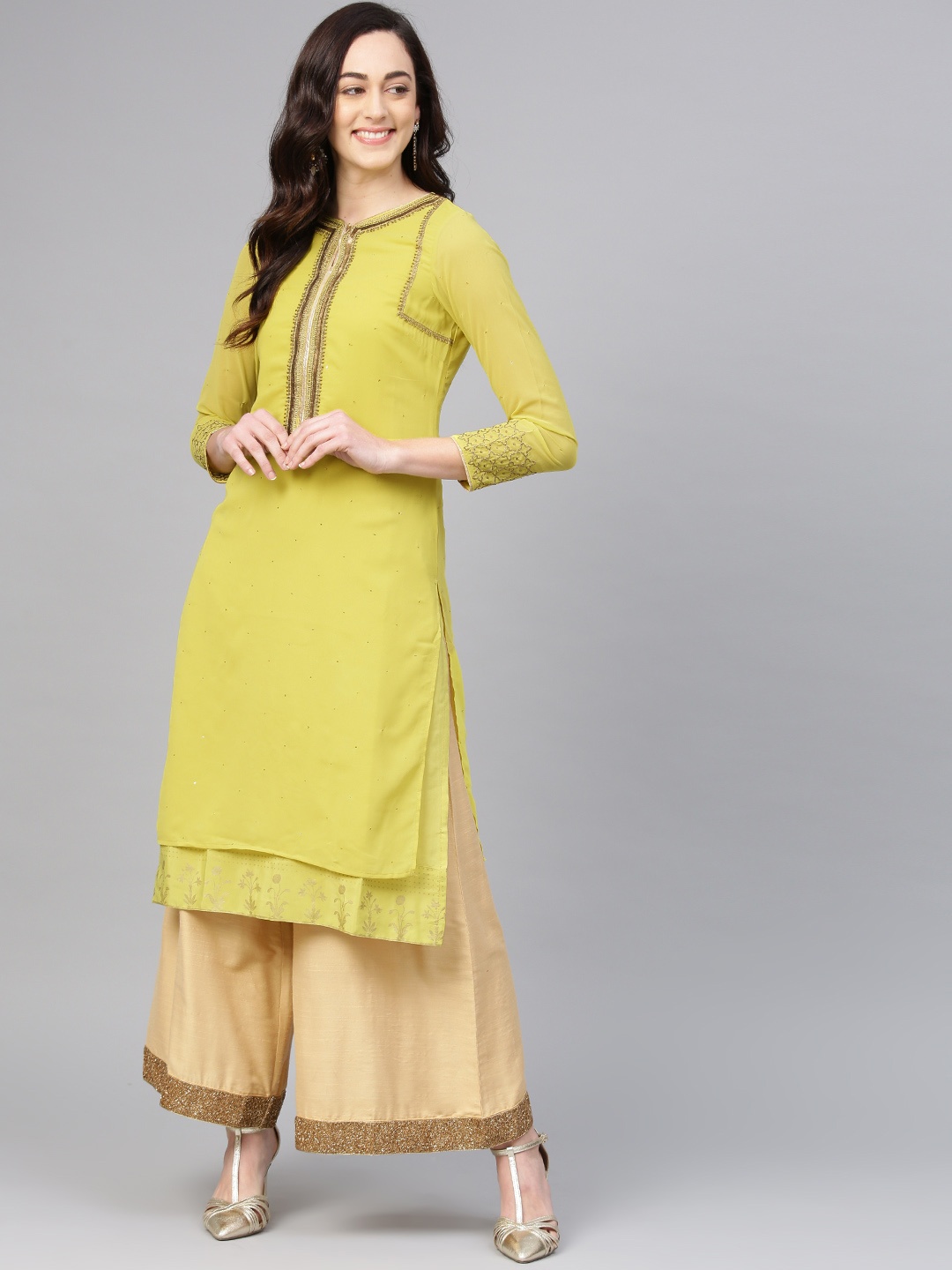 

WISHFUL by W Women Lime Green Yoke Design Mukaish Work Straight Layered Kurta
