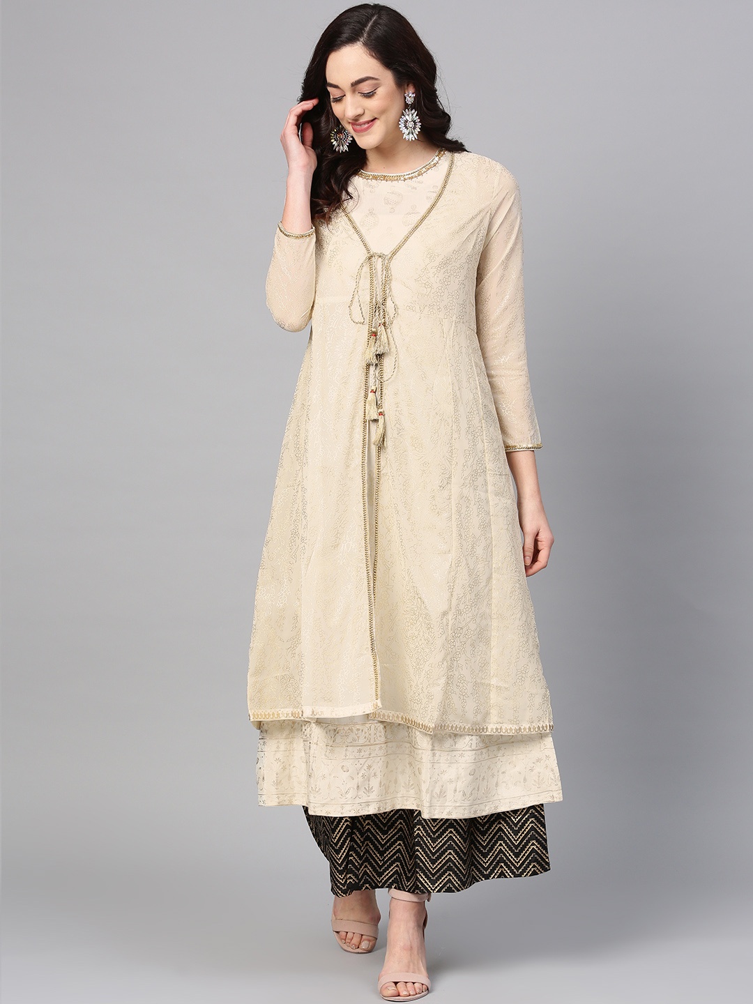 

WISHFUL by W Women Beige & Golden Printed A-Line Kurta with Ethnic Jacket