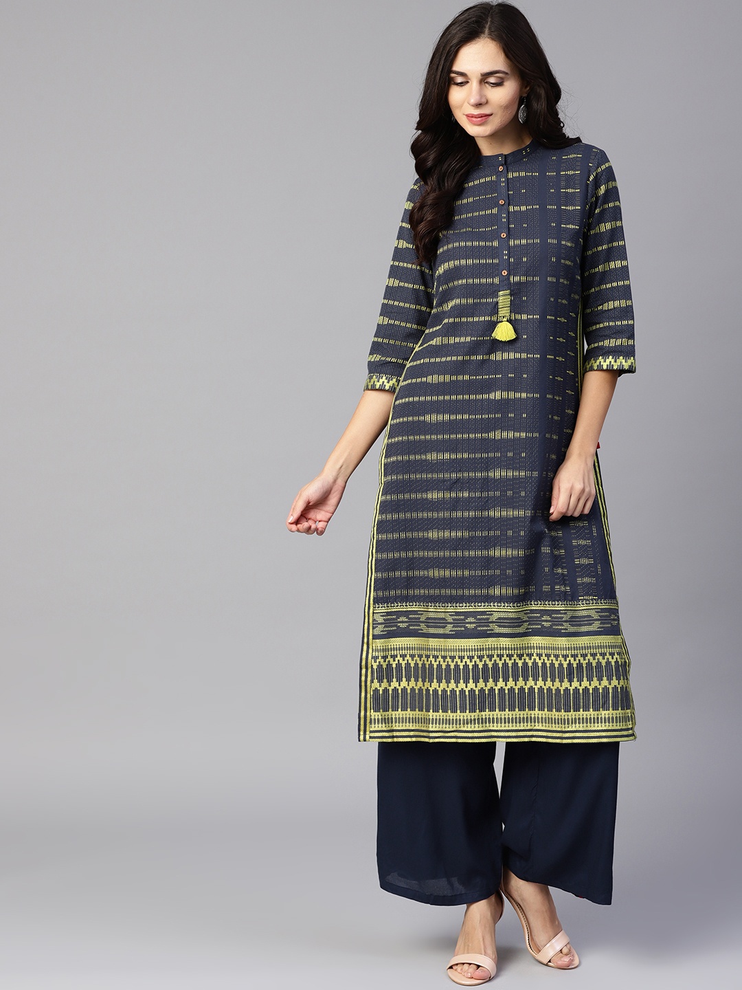 

W Women Navy Blue & Green Woven Design Straight Kurta