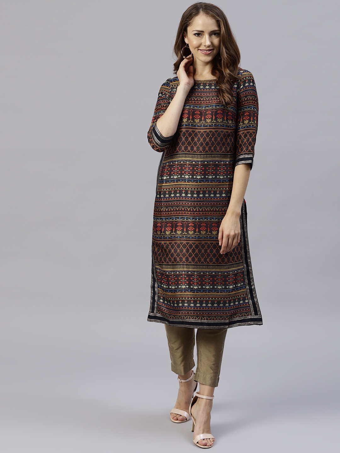 

W Women Multicoloured Woven Design Straight Kurta, Multi