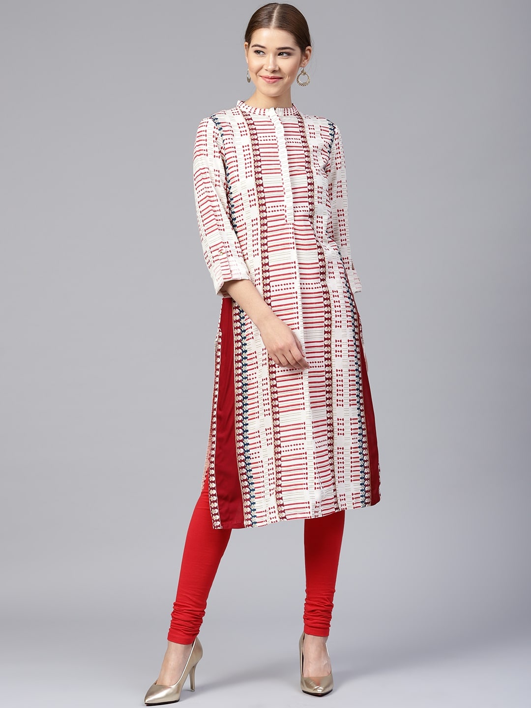 

W Women Off-White & Red Printed Straight Kurta