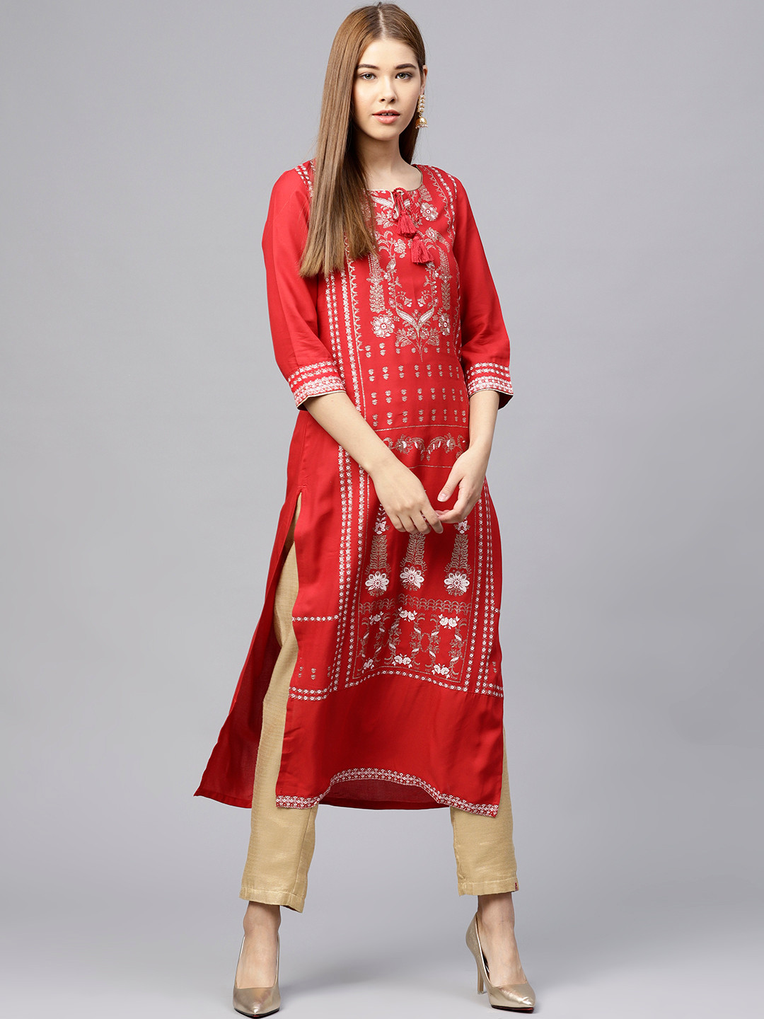 

W Women Red & Golden Printed Straight Kurta