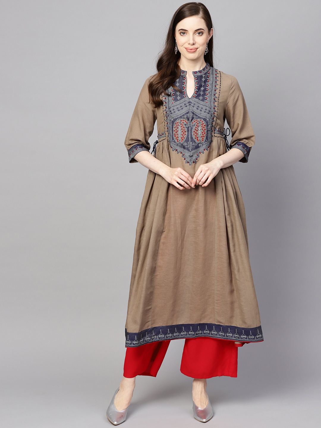 

W Women Brown & Blue Yoke Design A-Line Kurta