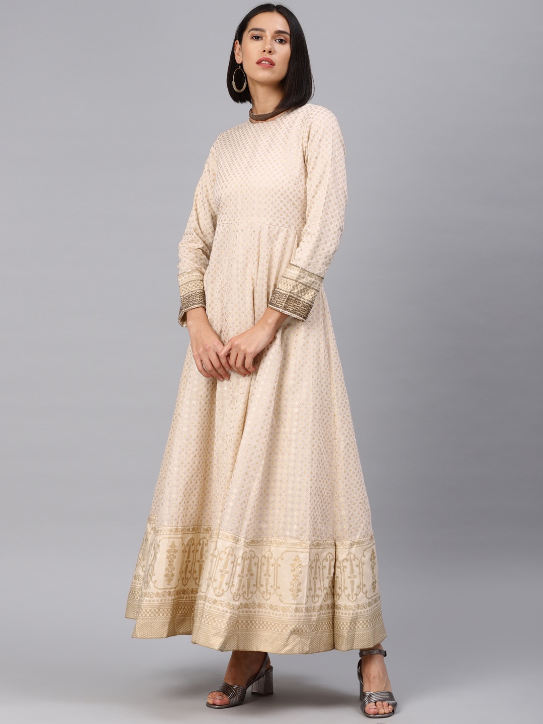 

WISHFUL Women Anarkali Cotton Kurta, Beige