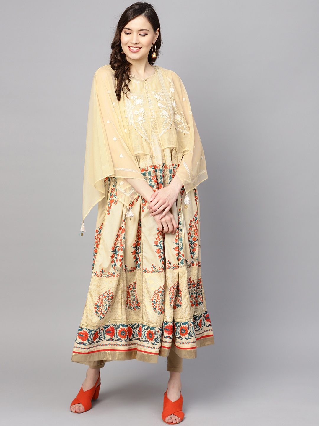 

W Women Cream-Coloured & Orange Floral Print Anarkali Kurta with Ethnic Jacket